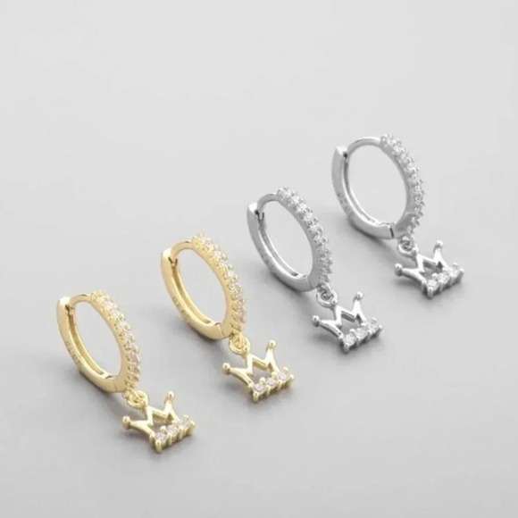 925 Sterling Silver Crown Huggie Hoop Earrings Gold and Silver - Picture 2 of 5